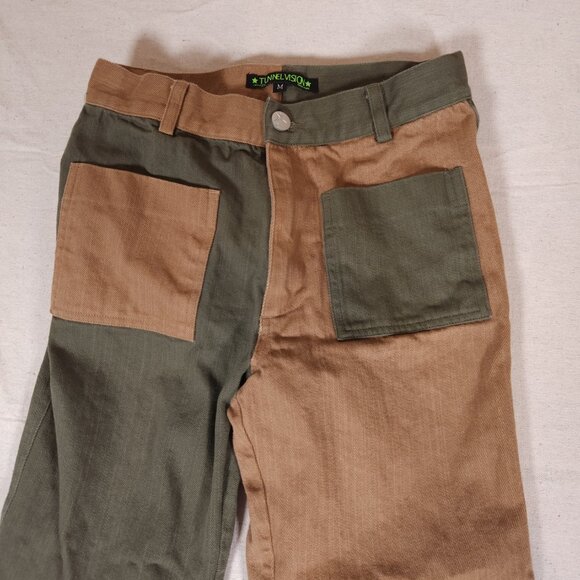 Tunnel Vision Patchwork Jeans Womens Medium Green Tan Flare Skater Streetware - Picture 10 of 14